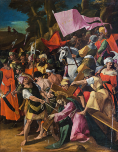 Dipinto della Via Crucis con Gesù che porta la croce, circondato da soldati e personaggi storici.
