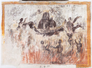 Affresco antico con Madonna coronata e Bambino al centro, figure angeliche e persone intorno.