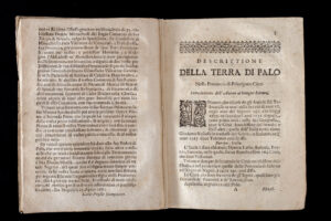 Pagine di un libro antico con testo in italiano sulla descrizione della Terra di Palo e riferimenti storici.